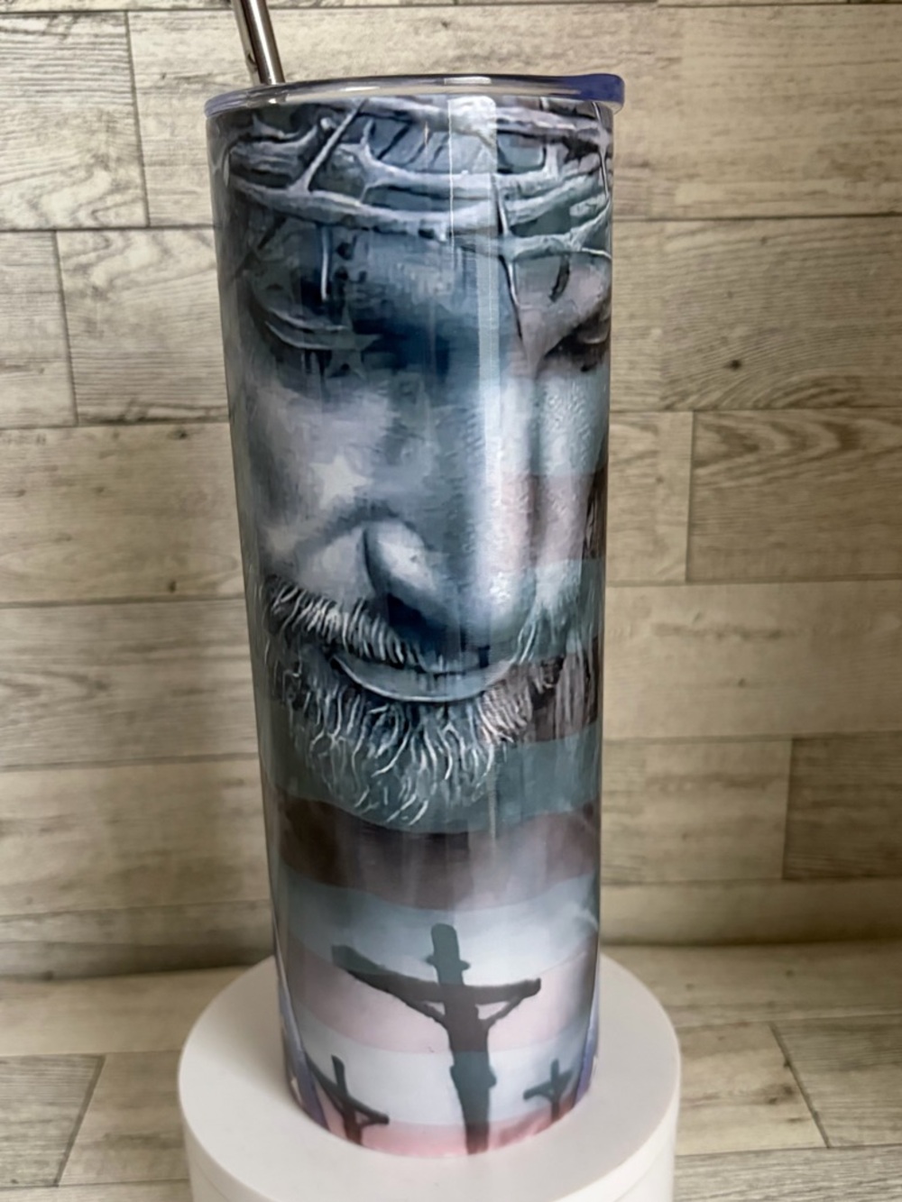 Religious Art Travel Stainless Steel 20oz Tumbler - Blue Gray Faith Design